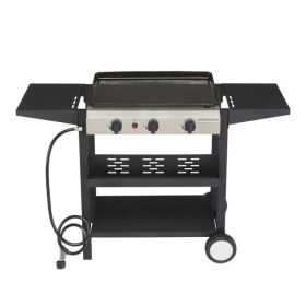3-Burner Flat Top Gas Griddle Cooking Station with Ceramic Coated Cast Iron Pan, 30,000 BTU Propane Fuelled Griddle Station with Side Shelves & Spice