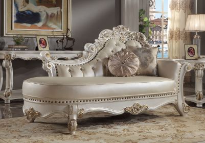 ACME Vendome Chaise w/2 Pillows, Synthetic Leather & Antique Pearl Finish BD01523