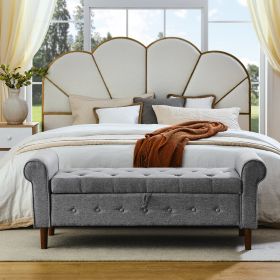 62" Bedroom Tufted Button Storage Bench, Linen Upholstered Ottoman, Window Bench, Rolled Arm Design for Bedroom, Living Room, Foyer (Beige)