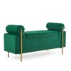 Elegant Upholstered Velvet Storage Bench with Cylindrical Arms and Iron Legs for Hallway Living Room Bedroom, Green