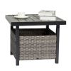 Outdoor Wicker Side Table with Umbrella Hole & Storage Space, Square PE Rattan End Table for Patio Garden Poolside Deck, Grey