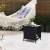 Outdoor Patio Wicker Side Table, Square End Table Bistro Coffee Table with Glass Top Storage Shelf for Porch Garden Backyard Black