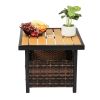 Outdoor Wicker Side Table with Umbrella Hole & Storage Space, Square PE Rattan End Table for Patio Garden Poolside Deck, Brown