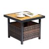 Outdoor Wicker Side Table with Umbrella Hole & Storage Space, Square PE Rattan End Table for Patio Garden Poolside Deck, Brown