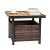 Outdoor Wicker Side Table with Umbrella Hole & Storage Space, Square PE Rattan End Table for Patio Garden Poolside Deck, Brown