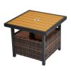 Outdoor Wicker Side Table with Umbrella Hole & Storage Space, Square PE Rattan End Table for Patio Garden Poolside Deck, Brown