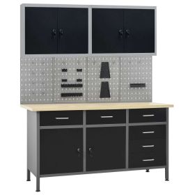 Workbench with Four Wall Panels and Two Cabinets (Color: Black)